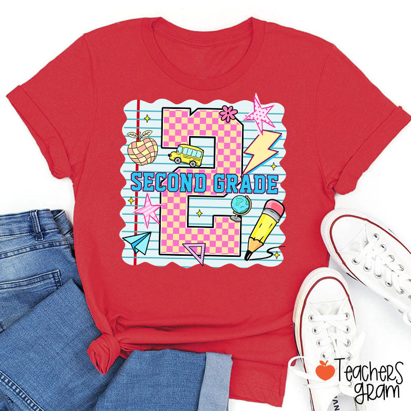 Personalized Pink Plaid And Notebook Style Teacher T-Shirt