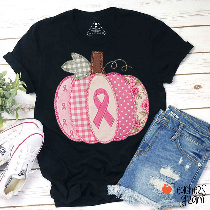 Pink Faux Patchwork Pumpkin Ribbon Teacher T-Shirt