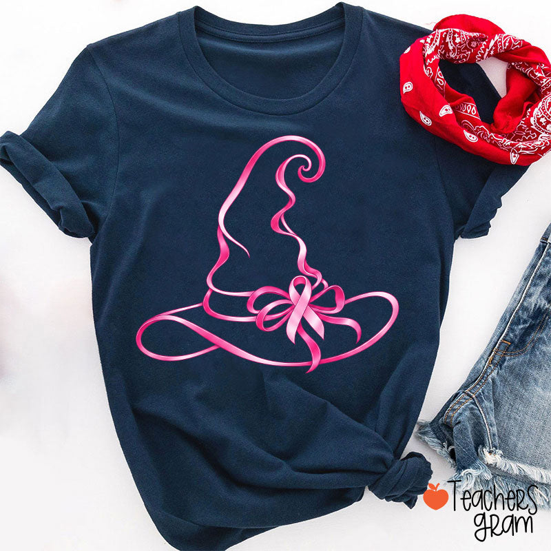 Halloween Witch Hat Pink Ribbon Breast Cancer Support Teacher T-Shirt