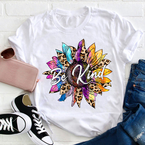 Be Kind Colorful Leopard Sunflower Teacher T-Shirt