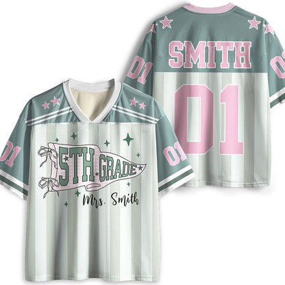 Personalized Grade And Name Striped Pennant Bow Star Teacher Mesh Jersey