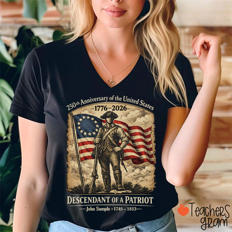 Personalized Descendant Of A Patriot Teacher Female V-Neck T-Shirt