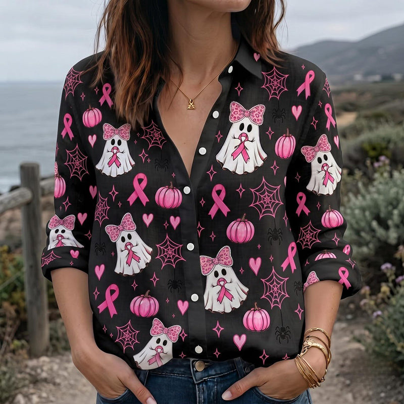 Pink Ribbon Ghost Halloween Teacher Long Sleeve Shirt