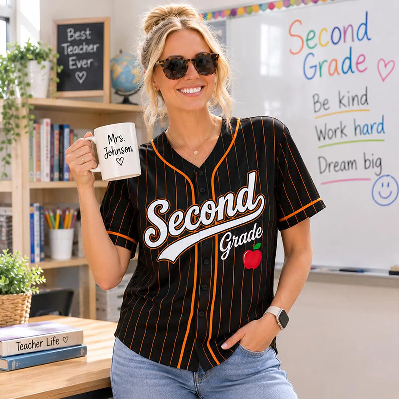 Personalized Grade Pinstripe Apple Mesh Teacher Baseball Jersey