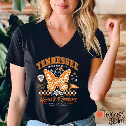 Smoky Mountain Orange Butterfly Checker Floral Teacher V-Neck T-Shirt