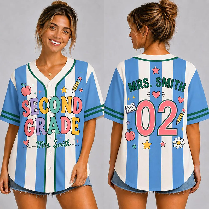 Personalized Grade And Name Preppy Vertical Stripes Baseball First Day Teacher Baseball Jersey