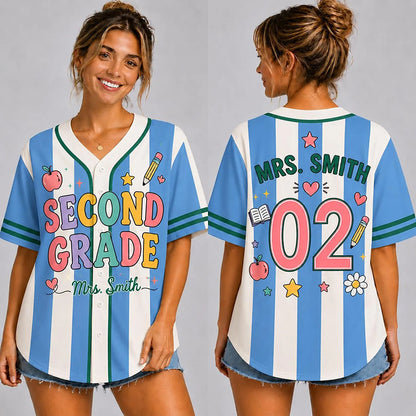 Personalized Grade And Name Preppy Vertical Stripes Baseball First Day Teacher Baseball Jersey