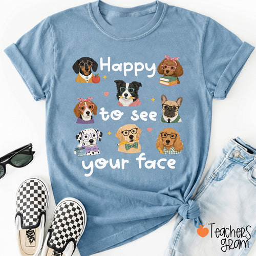 Happy To See Your Face Teacher Dog Glasses Book Apple Pencil Teacher T-Shirt