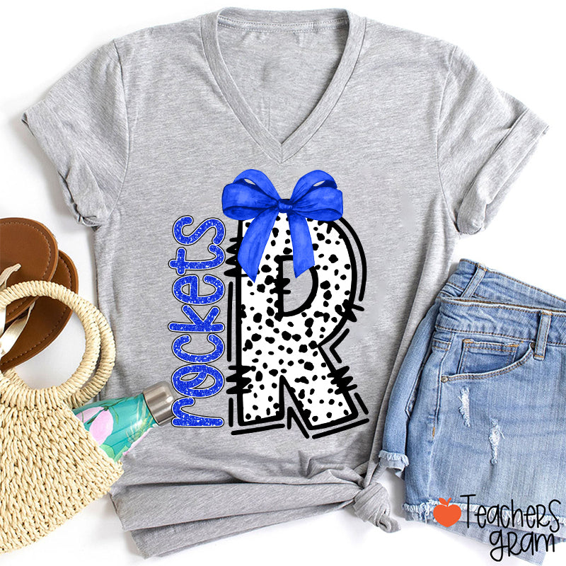 Personalized Mascot Coquette Bow Polka Dot V-Neck T-Shirt