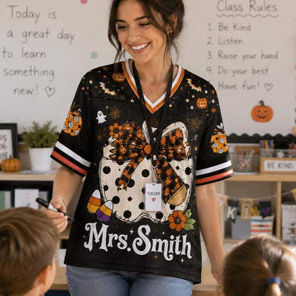 Personalized Name Number Polka Dot Pumpkin Halloween Teacher Mesh Jersey