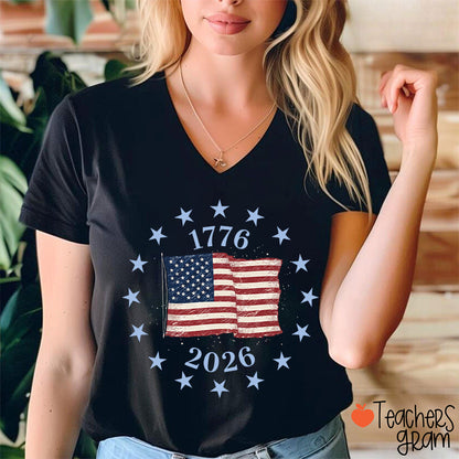 USA Flag 250 Years Teacher Female V-Neck T-Shirt