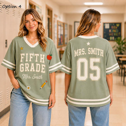 Personalized Grade And Name Preppy Double Stripe Teacher Mesh Jersey