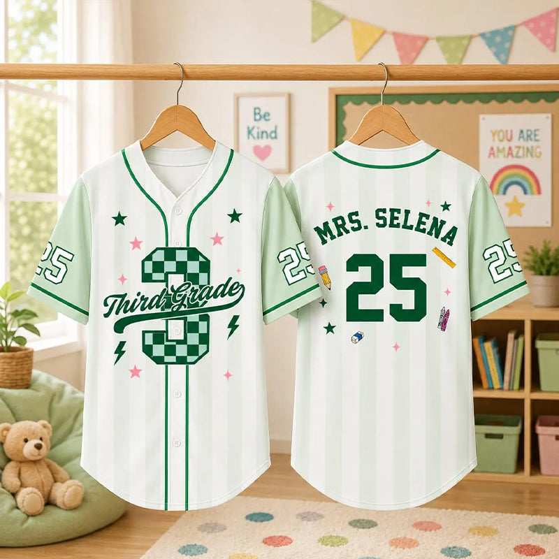 Personalized Grade And Name Preppy Stripes Check Number First Day Teacher Mesh Jersey