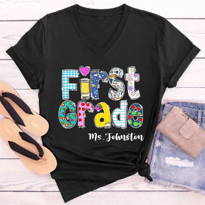 Personalized I'm A Teacher Female V-Neck T-Shirt