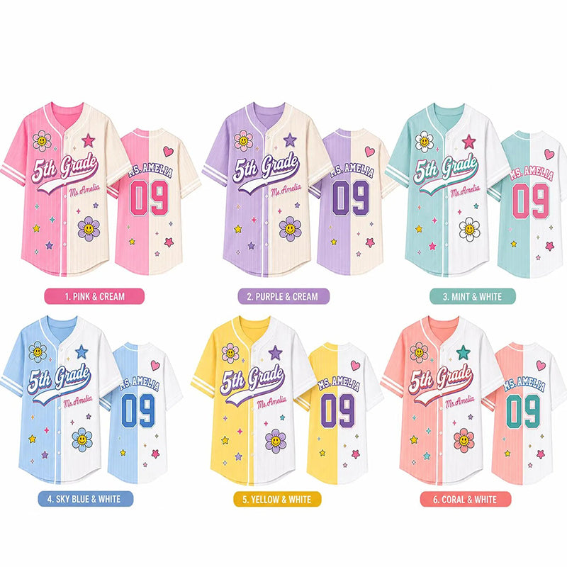 Personalized Grade And Name Flower Star Teacher Baseball Jersey