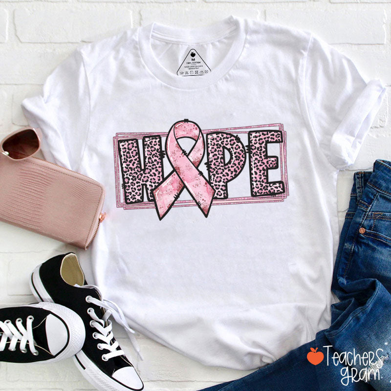 Leopard Print Hope Breast Cancer Ribbon Design Teacher T-Shirt