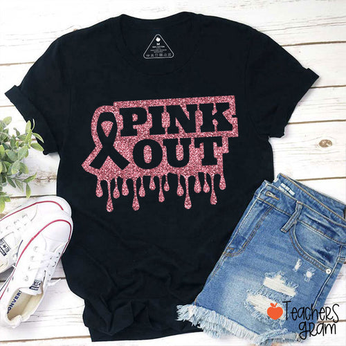 Glitter Pink Out Breast Cancer Teacher T-Shirt