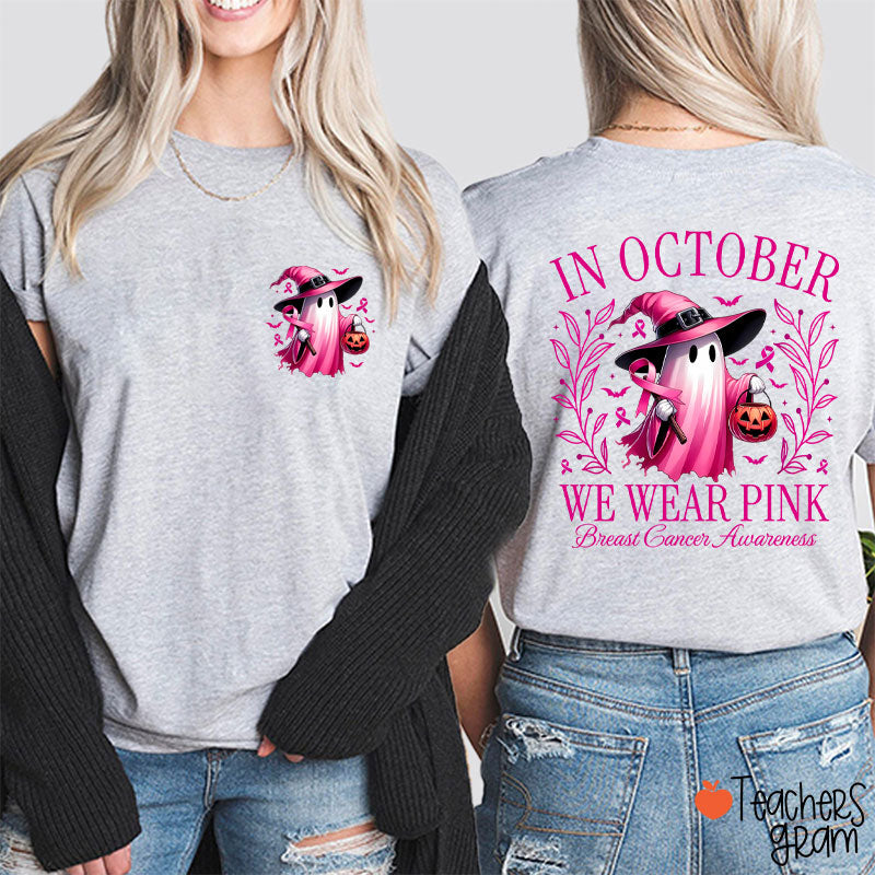 Halloween Beautifully Ghost Picture Breast Cancer Awareness Teacher Two Sided T-Shirt