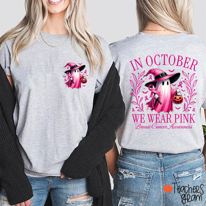 Halloween Beautifully Ghost Picture Breast Cancer Awareness Teacher Two Sided T-Shirt