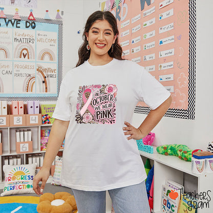 October Pink Ribbon And Floral Teacher T-Shirt