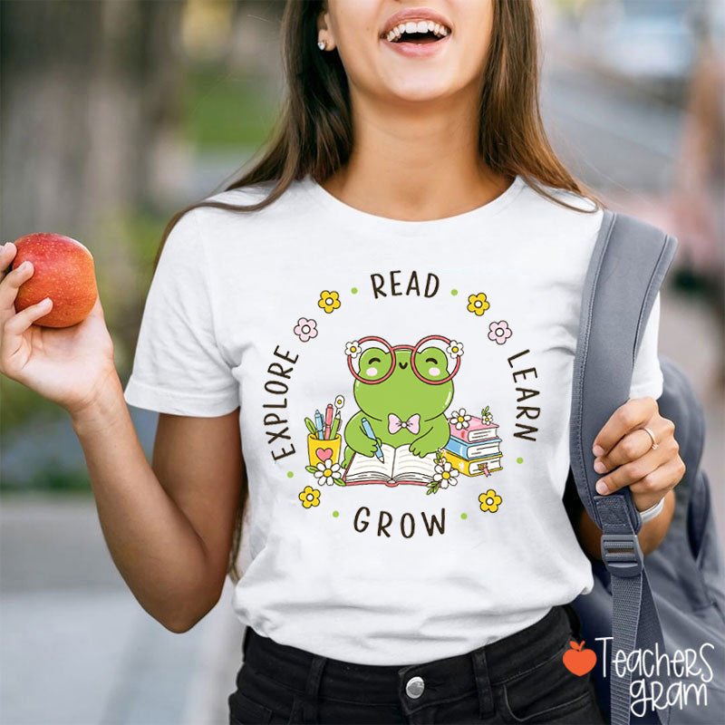 Read Learn Explore Grow Cute Frog Book Flower Teacher T-Shirt