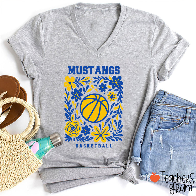 Personalized Mascot And Sport Flowers Teacher Female V-Neck T-Shirt