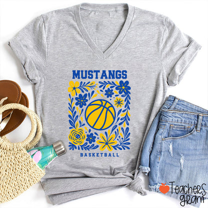 Personalized Mascot And Sport Flowers Teacher Female V-Neck T-Shirt