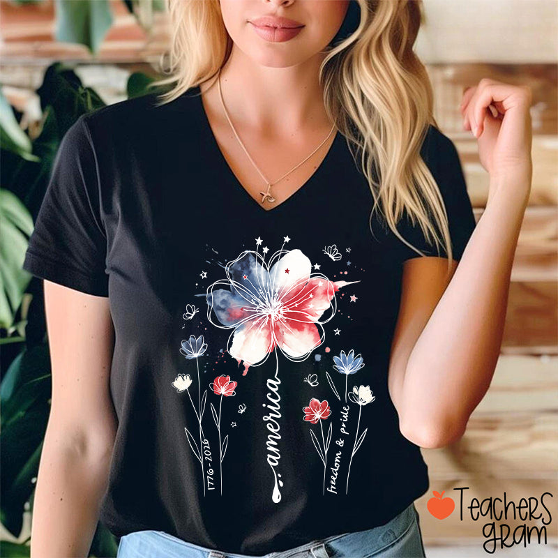 1776-2026 America Freedom And Pride Teacher Female V-Neck T-Shirt