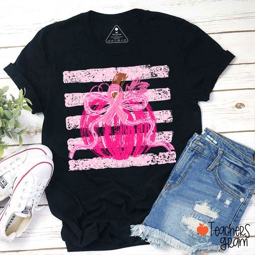 Halloween Pink Pumpkin Cancer Ribbon Vintage Grunge Stripe Graphic Teacher T-Shirt