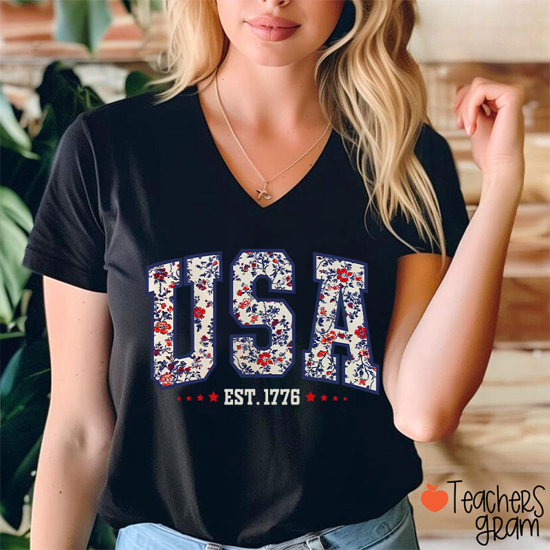 Retro Floral USA Teacher Female V-Neck T-Shirt