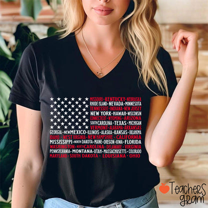 Vintage American Flag 4th Of July Teacher Female V-Neck T-Shirt