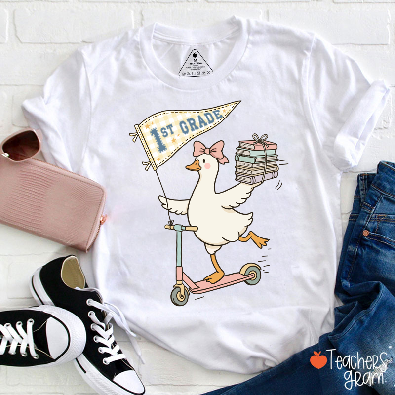 Personalized Grade Scooter Silly Goose Pennant Book Stack Teacher T-Shirt