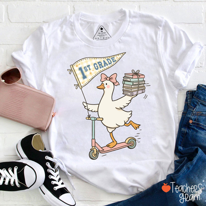Personalized Grade Scooter Silly Goose Pennant Book Stack Teacher T-Shirt