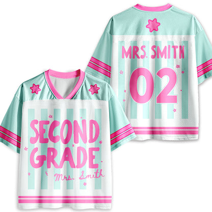 Personalized Grade And Name Preppy Stripes Teacher Mesh Jersey