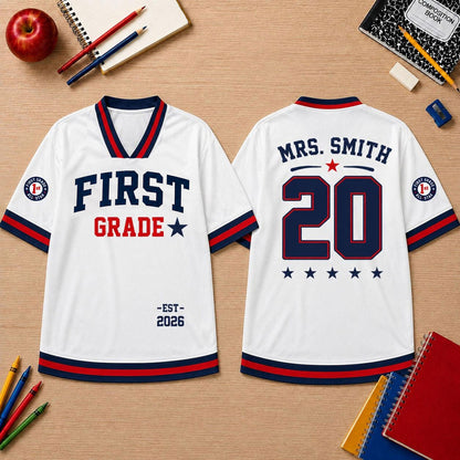Personalized Grade And Name Preppy Retro Solid First Day Teacher Mesh Jersey