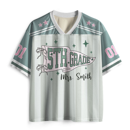 Personalized Grade And Name Striped Pennant Bow Star Teacher Mesh Jersey