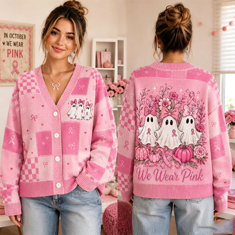 We Wear Pink Halloween Ghost Pumpkin Floral Checkered Patchwork Two Sided Teacher Ugly Cardigan Sweater