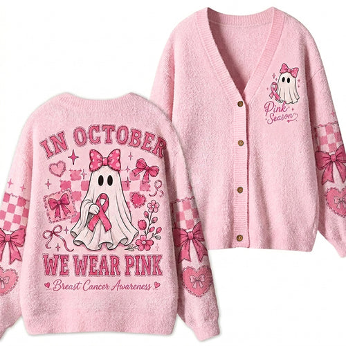 In October We Wear Pink Ghost Pink Breast Cancer Teacher Ugly Cardigan Sweater
