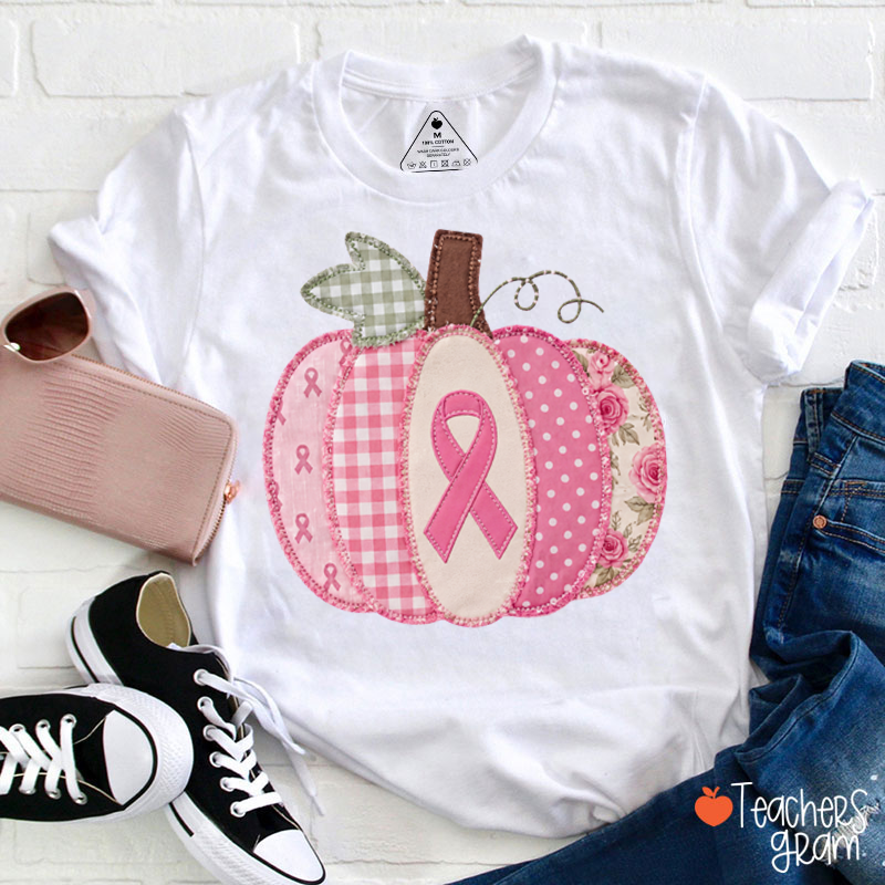 Pink Faux Patchwork Pumpkin Ribbon Teacher T-Shirt