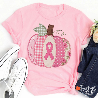 Pink Faux Patchwork Pumpkin Ribbon Teacher T-Shirt