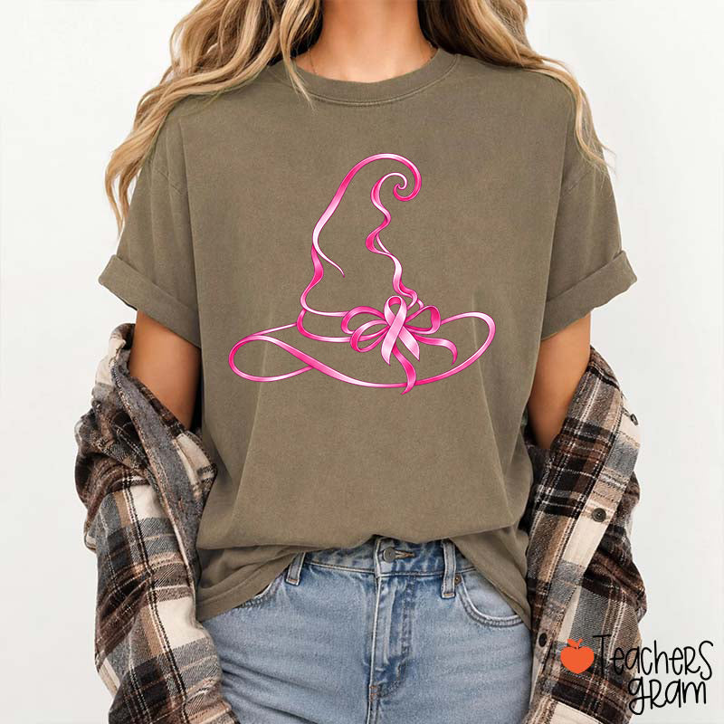 Halloween Witch Hat Pink Ribbon Breast Cancer Support Teacher T-Shirt