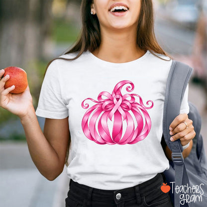 Pink Ribbon Bow Pumpkin Fall Teacher T-Shirt