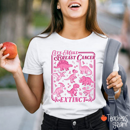 Breast Cancer Extinct Dinosaur Pink Ribbon Support Teacher T-Shirt