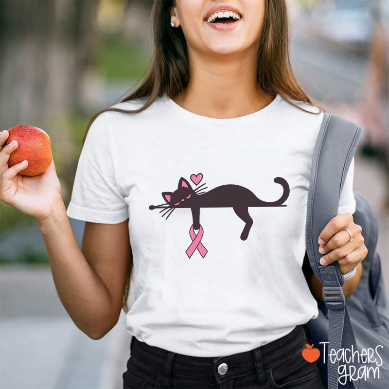 Black Cat With Pink Ribbon Awareness Teacher T-Shirt