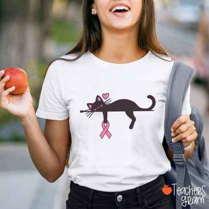 Black Cat With Pink Ribbon Awareness Teacher T-Shirt