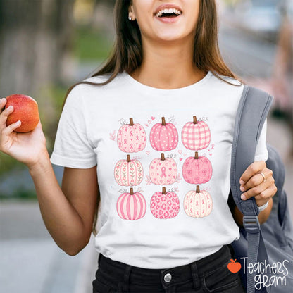 Pink Ribbon Breast Cancer Awareness Grid Pumpkin Teacher T-Shirt