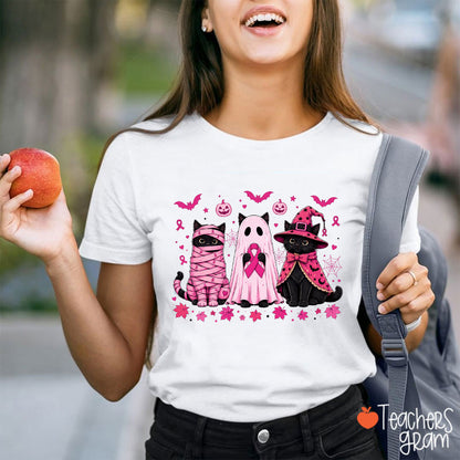 Cute Halloween Cat Breast Cancer Awareness Teacher T-Shirt