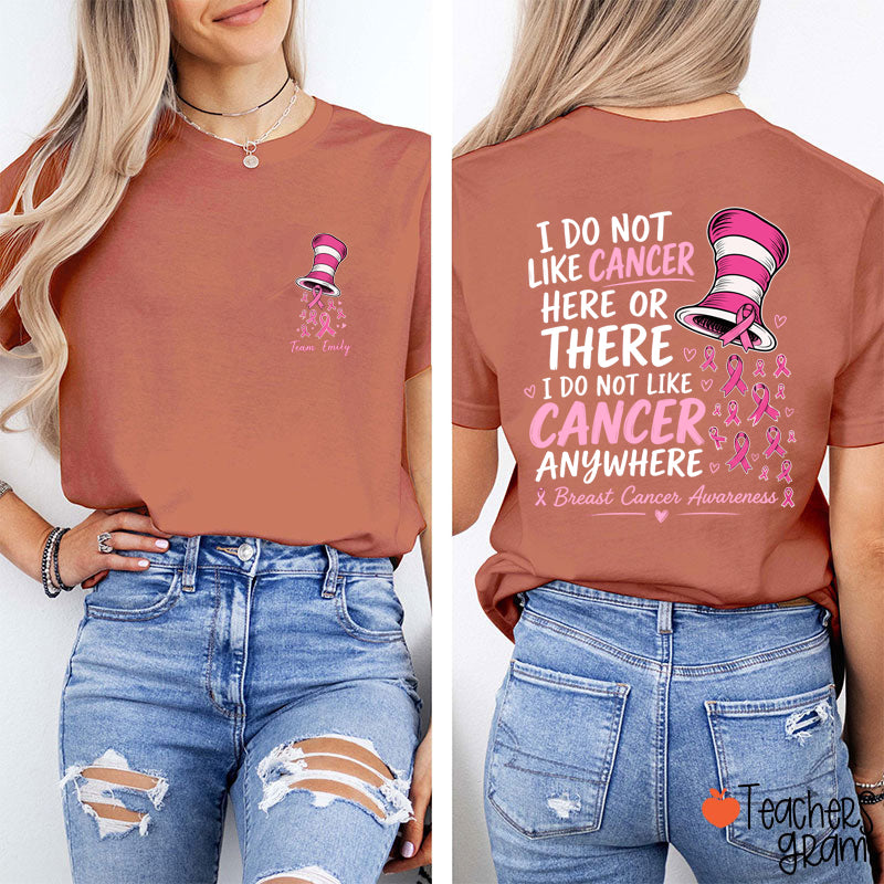 Personalized Team Name Pink Ribbon Striped Hat Teacher Two Sided T-Shirt