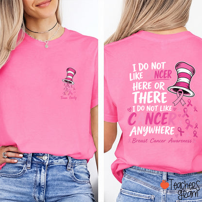 Personalized Team Name Pink Ribbon Striped Hat Teacher Two Sided T-Shirt