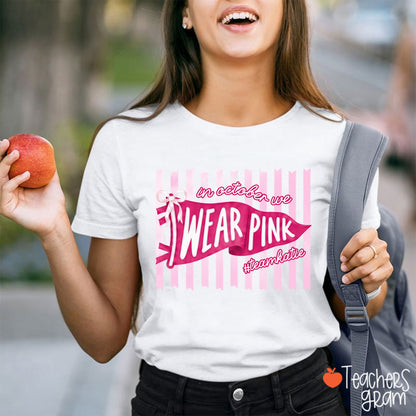 Personalized In October We Wear Pink Pink Stripe Flag Bow Teacher T-Shirt